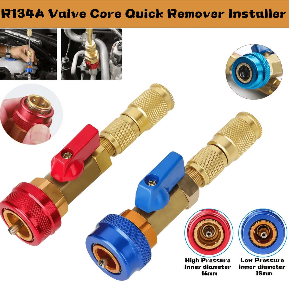 R134A Valve Core Remover & Installer Tool Kit, High Pressure Red & Low Pressure Blue, AC Refrigerant Valve Core Tool for Car Air Conditioning Systems