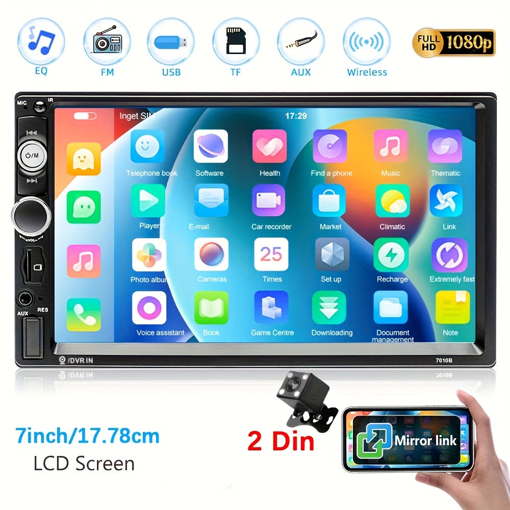 Double Din Car Stereo 7" LCD – MP5 Player with FM Radio, USB/SD/AUX, Mirror Link, Steering Wheel Control & Optional Backup Camera