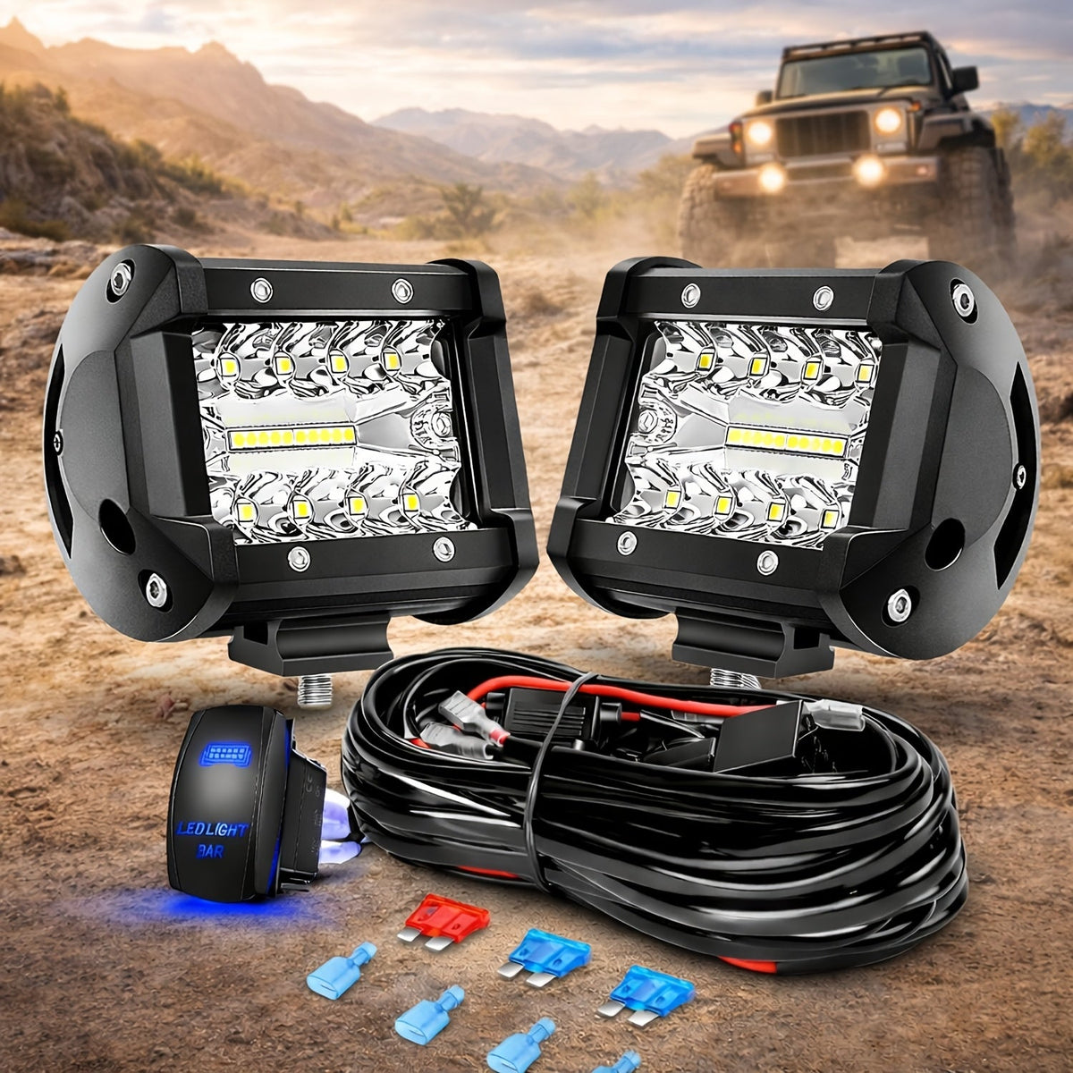 4 Inch LED Pod Lights, Triple Row Combo Flood & Driving Off-Road Lights, 3000+ Lumens with Wiring Harness, Cube Pods for Truck Boat ATV UTV, 2PCS