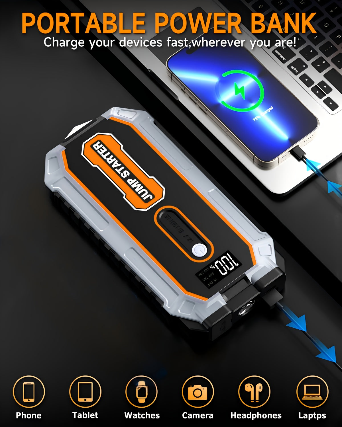 Jump Starter 6000A Peak All-in-One Portable Car Battery Booster Pack with USB Ports LED Flashlight Safety Hammer for 12V Cars SUVs Trucks