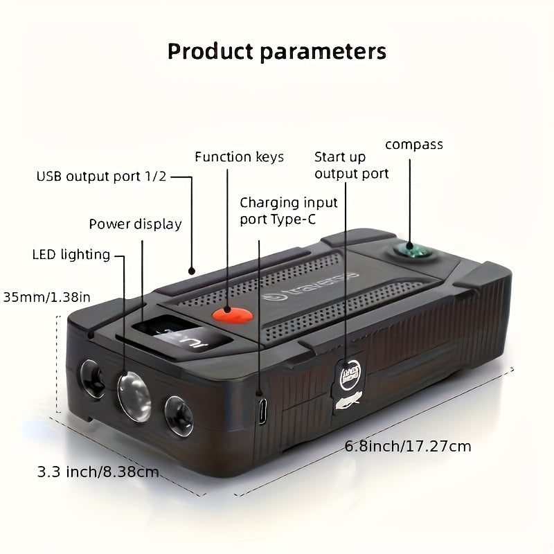 Car Jump Starter 1000A Peak – 6400mAh Portable Battery Booster for Gas & Diesel Cars, USB Charging Ports, LED Flashlight, 12V Jump Box