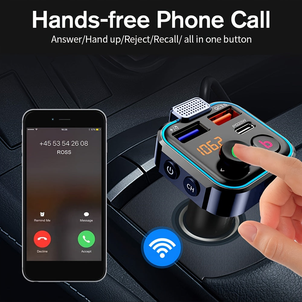Bluetooth FM Transmitter for Car – Bluetooth 5.3, USB PD 20W Fast Charge, Dual Mic CVC Noise Reduction, Hi-Fi Stereo, 7-Color LED, MP3 Player & Hands-Free Calling