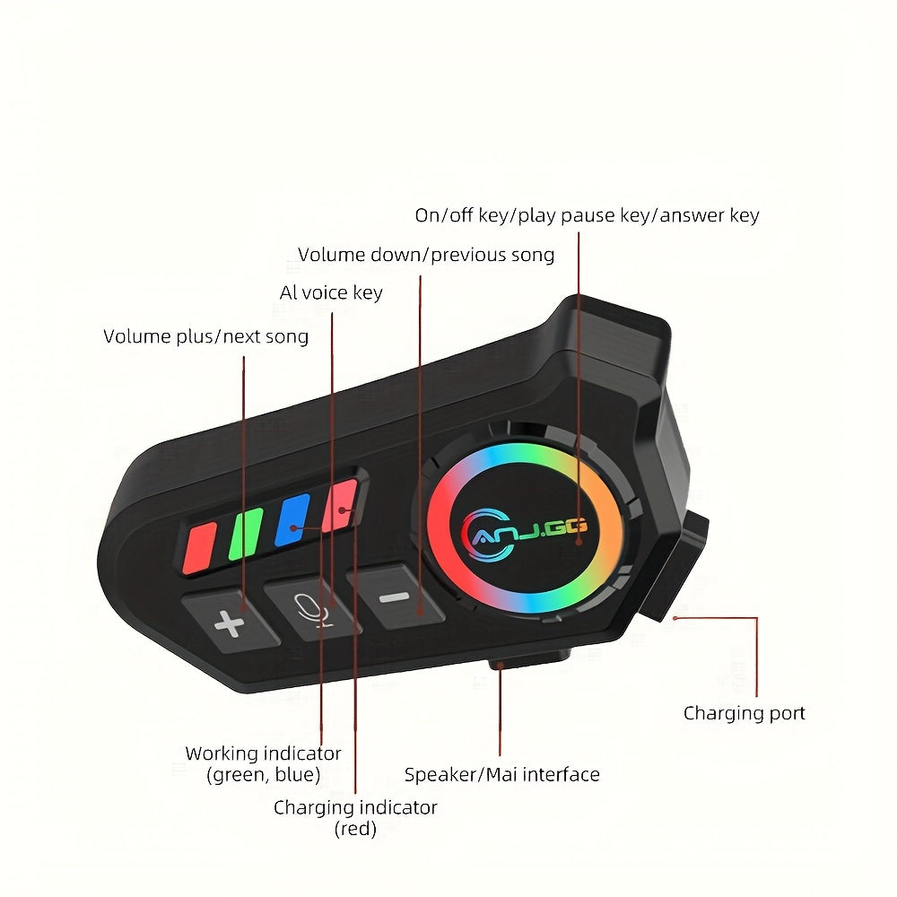 Motorcycle Helmet Headset 1000mAh Wireless Intercom Hands-Free Calls Music Voice Control Noise Cancelling HD Speakers Long Battery Life for Riders Black