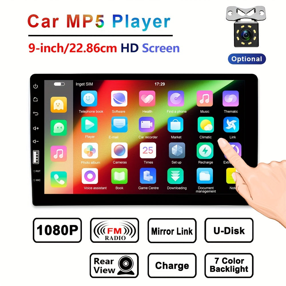 Hikity 1 DIN Car Stereo 9-Inch HD Touch Screen, MP5 Player, USB TF Card, Universal Autoradio Multimedia — Optional Rear View Camera