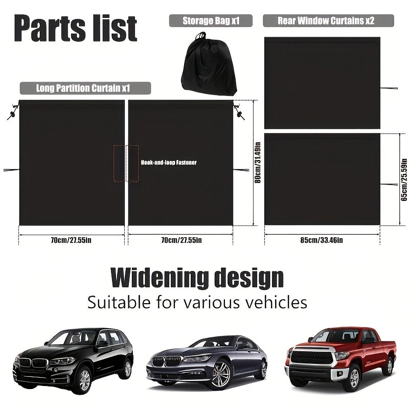 Car Curtains 99% Light Blocking 3PCS – Rear Seat Divider & Side Window Sunshade | Extra Large Universal Fit Sedan SUV Privacy Blackout