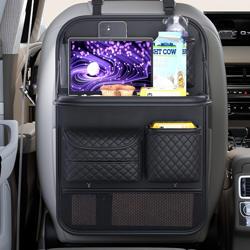 Car Seat Back Organizer Faux Leather with Tablet Holder Cup Holder Mesh Pockets Foldable Backseat Storage Bag for Kids Adults Universal Fit Black Beige Brown