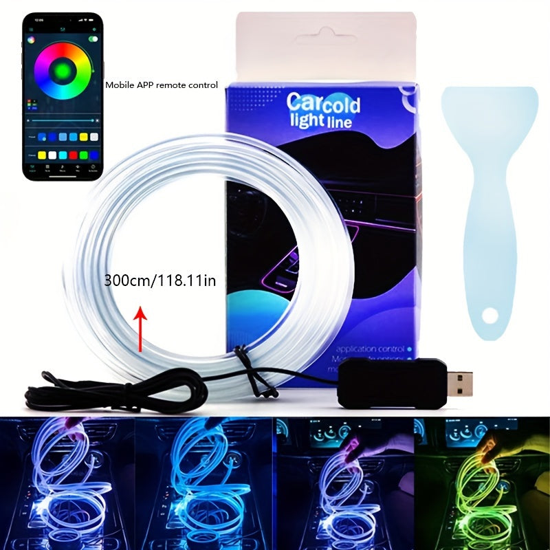 RGB Car Interior Ambient Light Kit - App & Voice Control, 8-Color LED Atmosphere Lighting for Dashboard Roof Console, USB Powered
