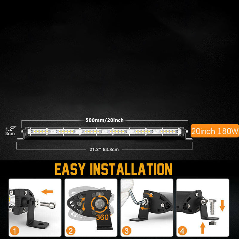 20 Inch LED Light Bar 180W Single Row – Ultra Slim Off-Road Work Lamp 12V/24V for ATV SUV Tractor Boat, 6000K White