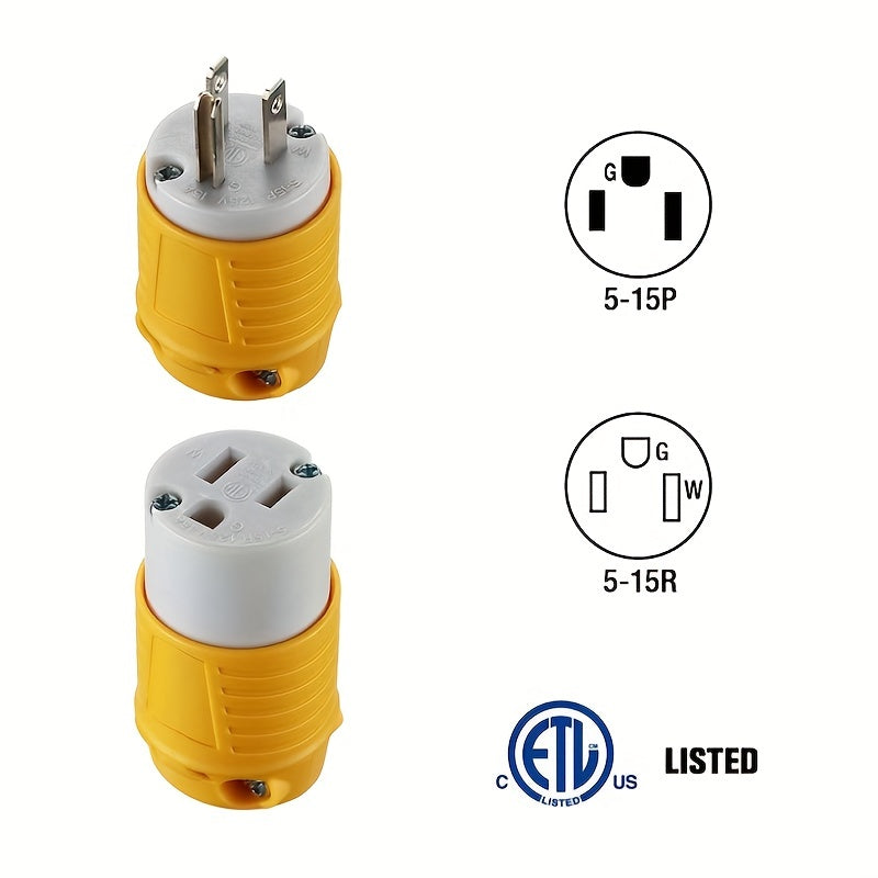 NEMA 5-15R RV Replacement Plug Set | Male & Female Connectors 15A 125V American Industrial Straight Connector for RV, Generator & Outdoor Use – Yellow, 1 or 3 Sets