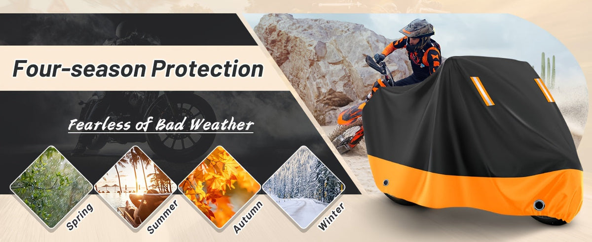 Motorcycle Cover Waterproof 210D Oxford Cloth - All-Weather UV & Dust Protection, Reflective Strips, Fits Harley Honda Suzuki & More, Black Orange, M XL XXL XXXL