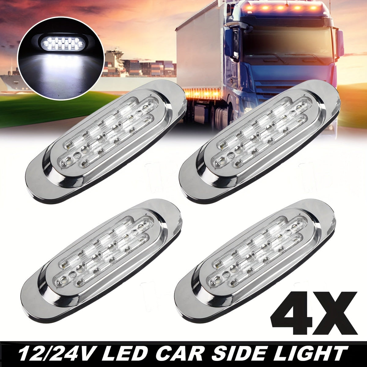 LED Side Marker Lights for Trucks & Trailers – 4pcs 16-LED Dual Mode Steady-On & Flash, 12-24V, Red White Blue Green Yellow