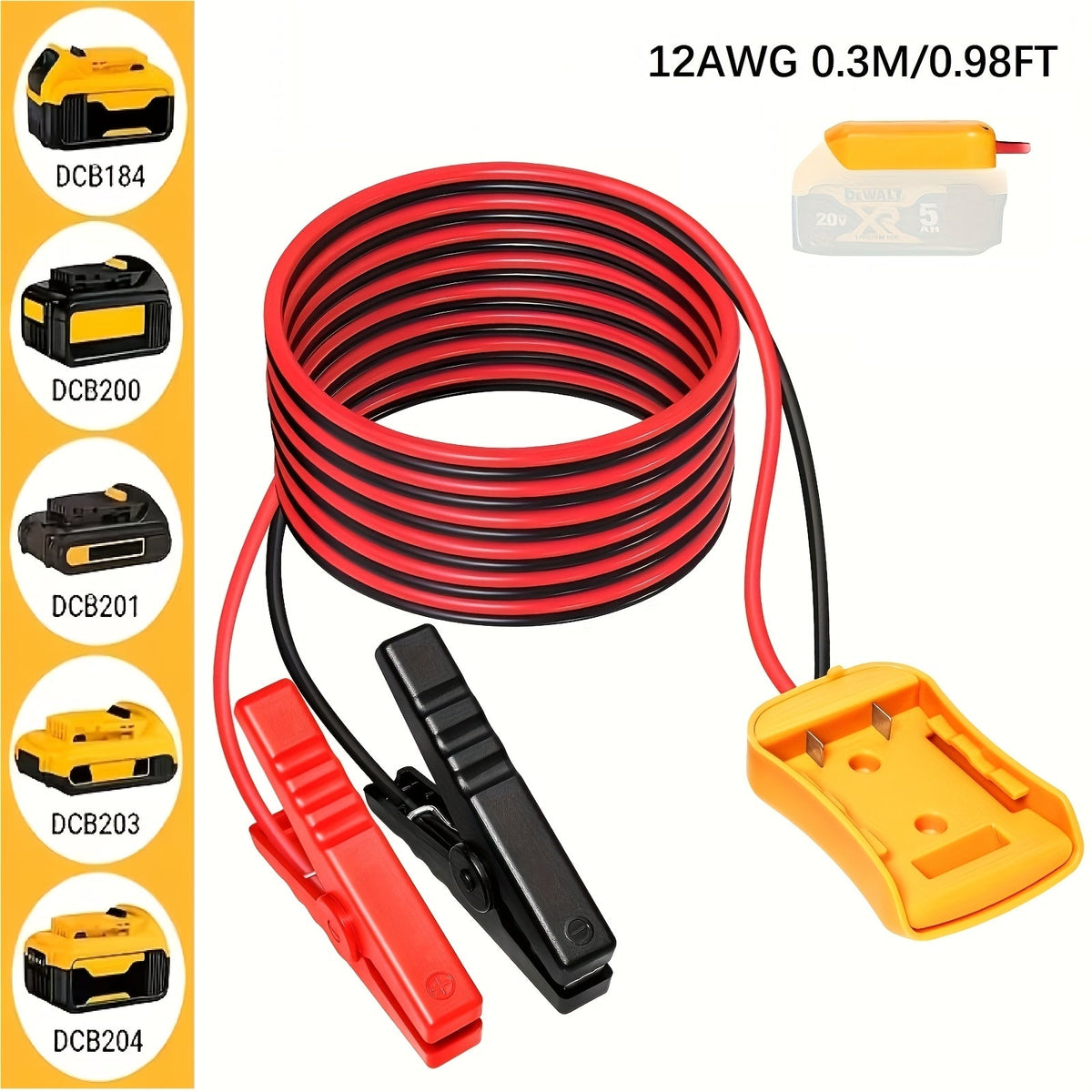Car Jump Starter Cable Adapter for DeWalt 18V/20V DCB Battery – Portable 12V Battery Pack Connector, ABS, 0.98ft & 6.56ft Options, Battery Not Included