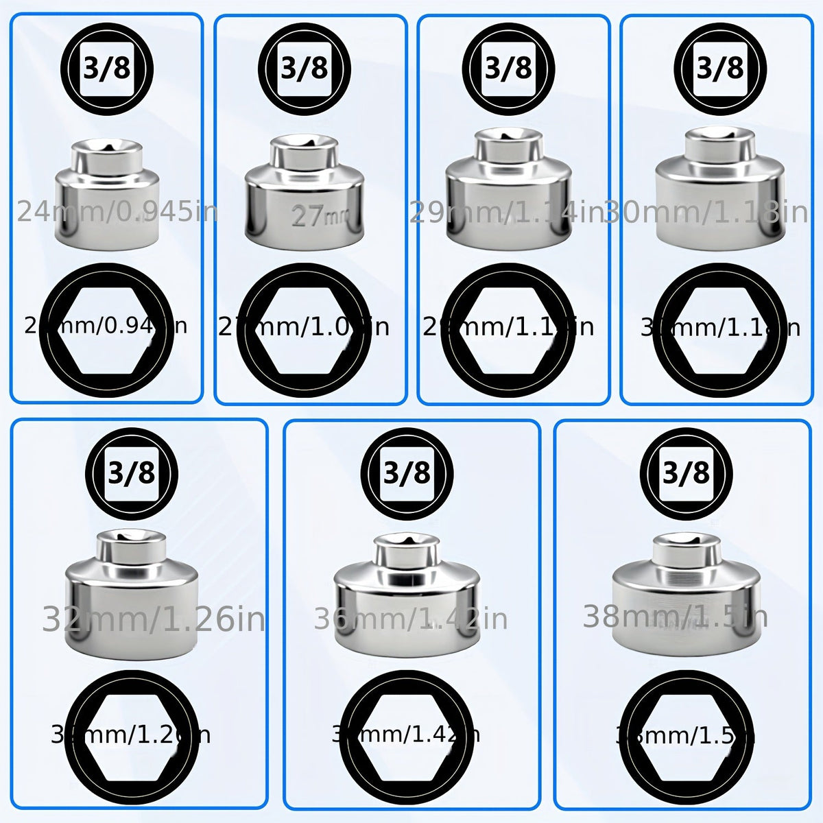 Oil Filter Socket Wrench Set 7-Piece – 24mm to 38mm CR-V Steel, 3/8" Drive Hex Cap Wrench Kit for Oil Changes, Universal Fit
