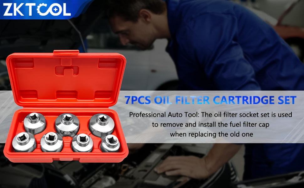 Oil Filter Socket Wrench Set 7-Piece – 24mm to 38mm CR-V Steel, 3/8" Drive Hex Cap Wrench Kit for Oil Changes, Universal Fit