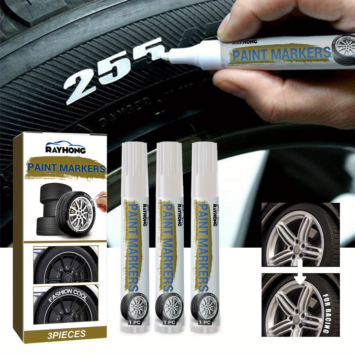 Tire Marker Pens Waterproof Paint Markers for Car Tires, Quick-Dry Permanent Tire Lettering Pens with Medium Tip, Weatherproof Marker Set for Vehicle Tires Rubber Metal Wood
