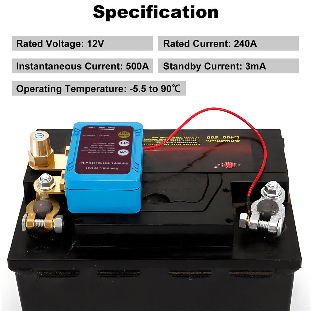Remote Battery Disconnect Kill Switch 12V/24V 240A – Auto Cutoff at 11.8V, 433MHz Remote, Magnetic Latching, for Car, Truck, RV, ATV, Boat & Motorcycle