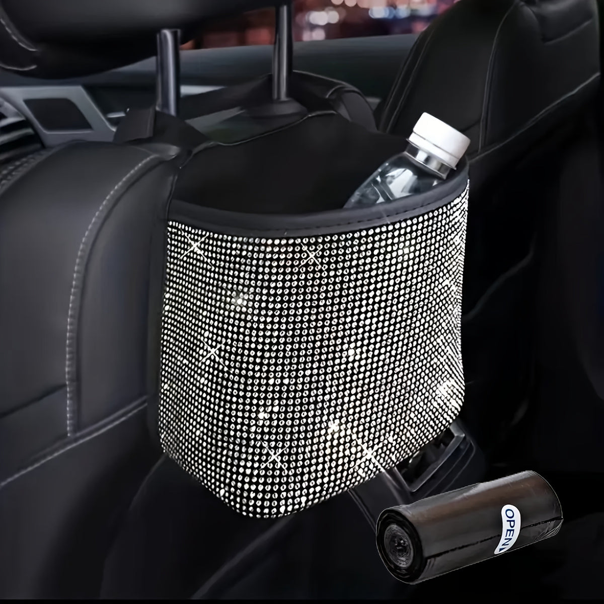 Bling Car Trash Can with Rhinestones Hanging Seat Back Organizer Sparkling Glam Car Interior Accessory with Trash Bag for Car SUV Minivan Truck Gift for Women