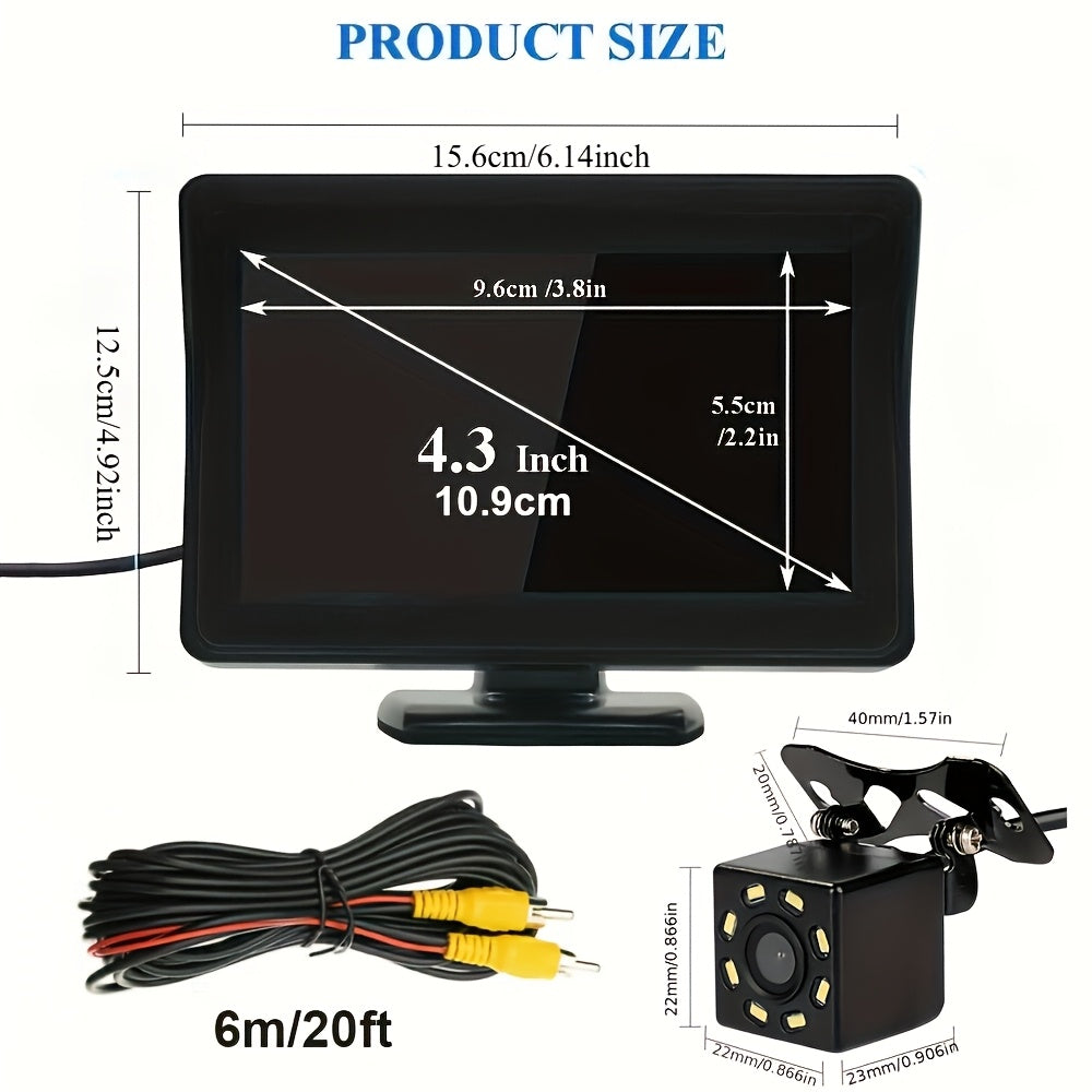 Backup Camera Kit with 4.3" Monitor – 8 LED Night Vision, Wide Angle Rearview Camera for Cars, Trucks & SUVs, HD Parking System