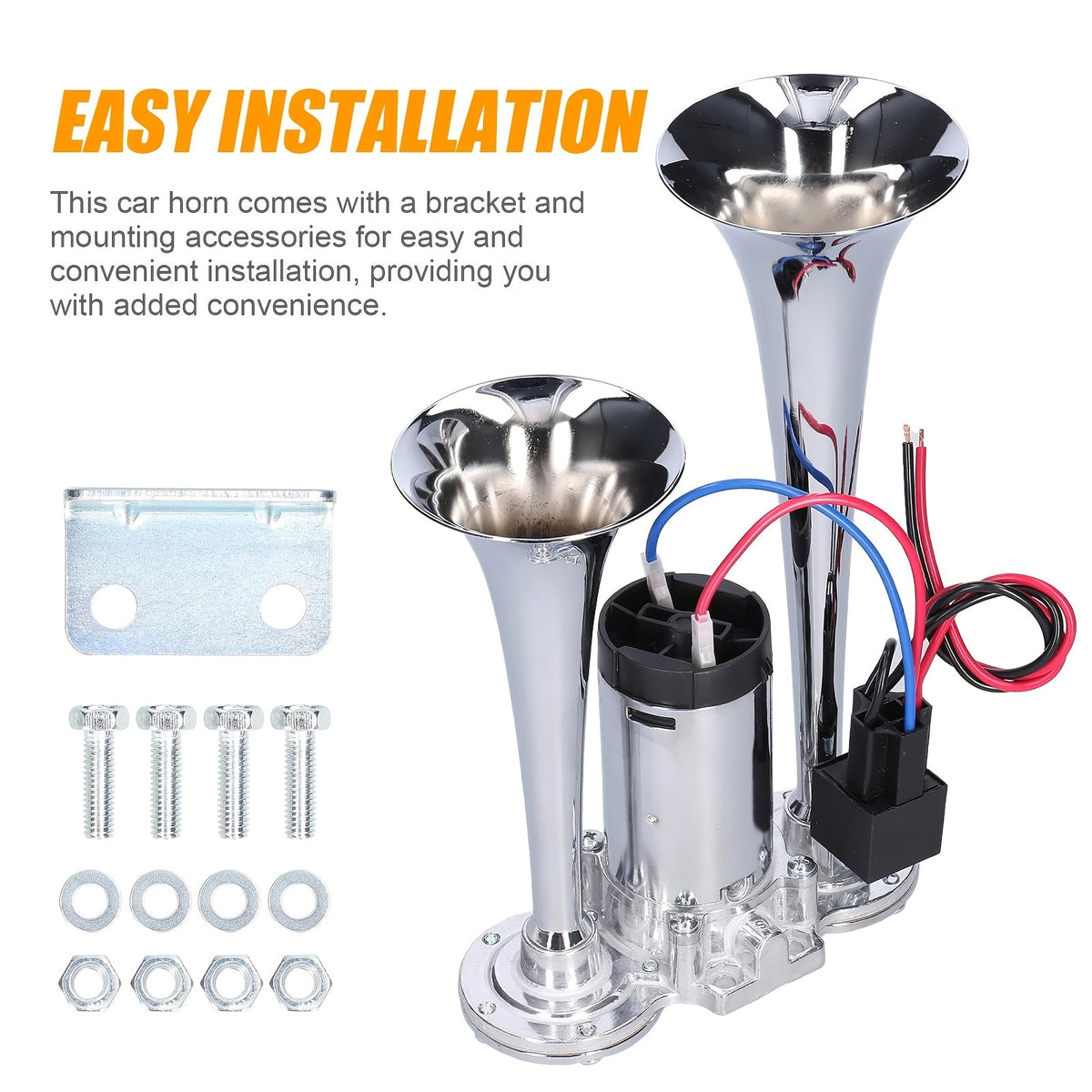 Air Horn for Truck 130dB Double Tube, 12V/24V Aluminum Alloy Compressor Horn, Super Loud for SUV Motorcycle Boat Bus Train Off-Road, Universal Bracket, Easy Install