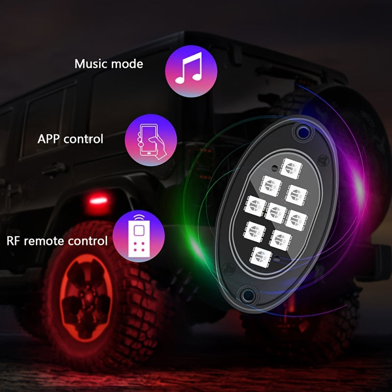 RGB LED Rock Lights Kit 9-LED Pods Sound-Activated App & Remote Control Multicolor Underglow Neon for Trucks SUVs Pickups Off-Road Vehicles 4 6 8 10pcs