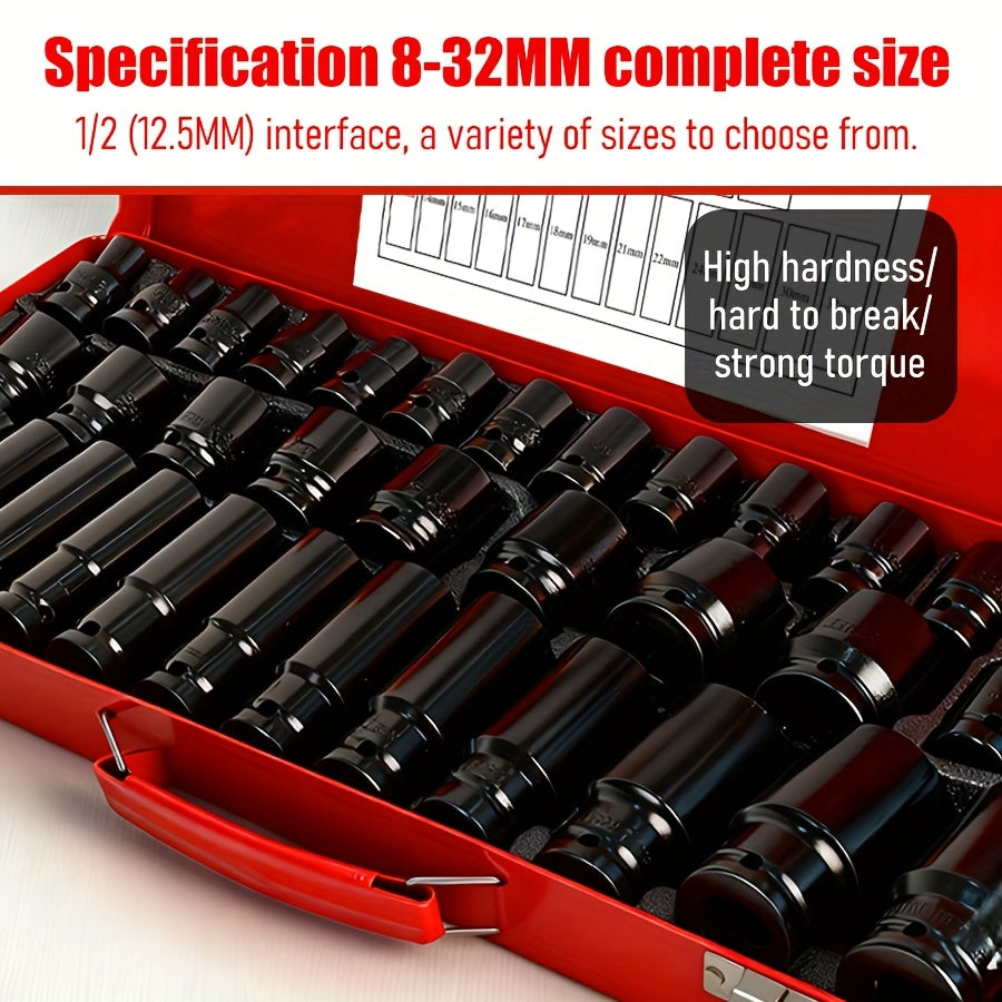 Deep Impact Socket Set 1/2" Drive 6-Point Metric 8-32mm Cr-Mo Steel for Axle Hub Nut Heavy-Duty Vehicle Repair 10 15 35-Piece with Case