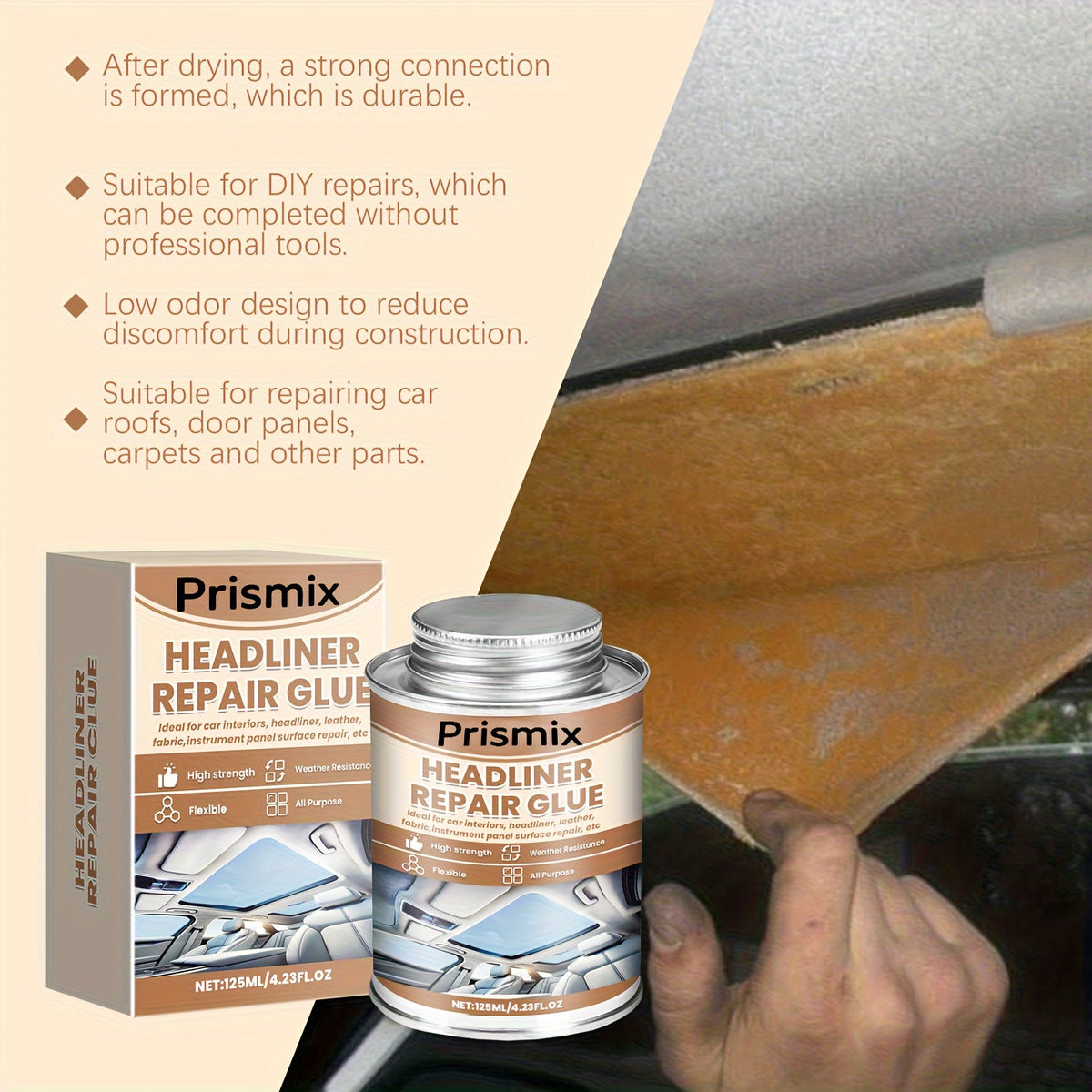 Car Interior Adhesive Glue | Headliner Repair Glue for Fabric, Leather & Plastic – Gel Formula, Easy Application, Fast-Setting Auto Interior Repair