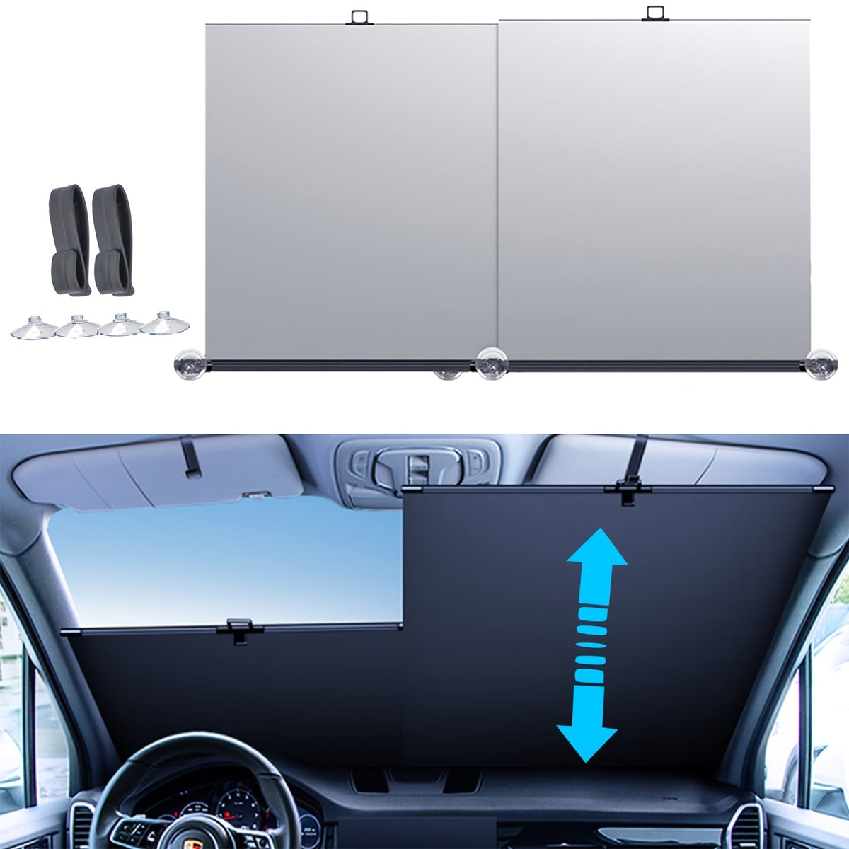 Windshield Sunshade Retractable Auto Roll-Up 99% UV Block – Spring-Loaded Suction Cup Mount | Universal Fit Car Sedan SUV 49.6×42.5 in