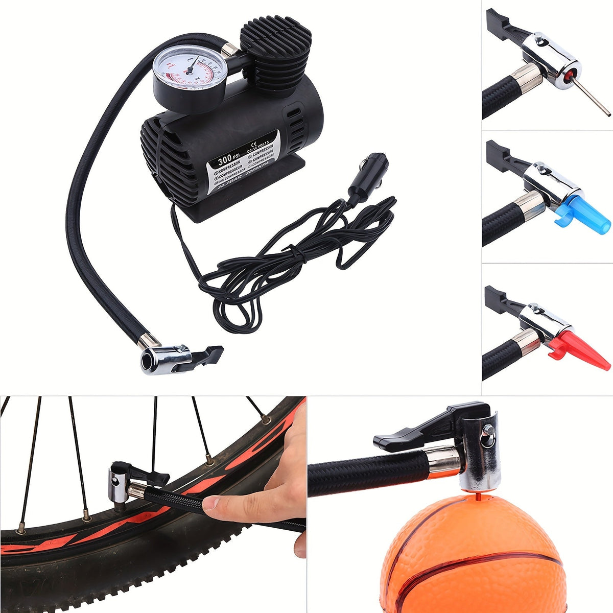 12V 300 PSI Air Compressor Pump – Portable Car Plug Tire Inflator for Car, Bike, Motorcycle & Ball, No Battery Needed