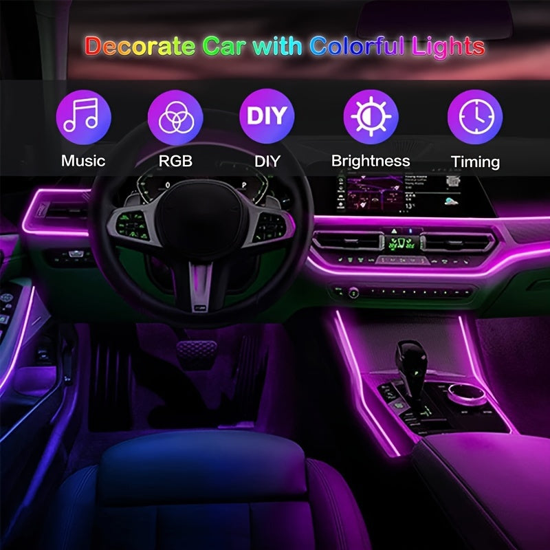 RGB Car Interior Ambient Light Kit - App & Voice Control, 8-Color LED Atmosphere Lighting for Dashboard Roof Console, USB Powered