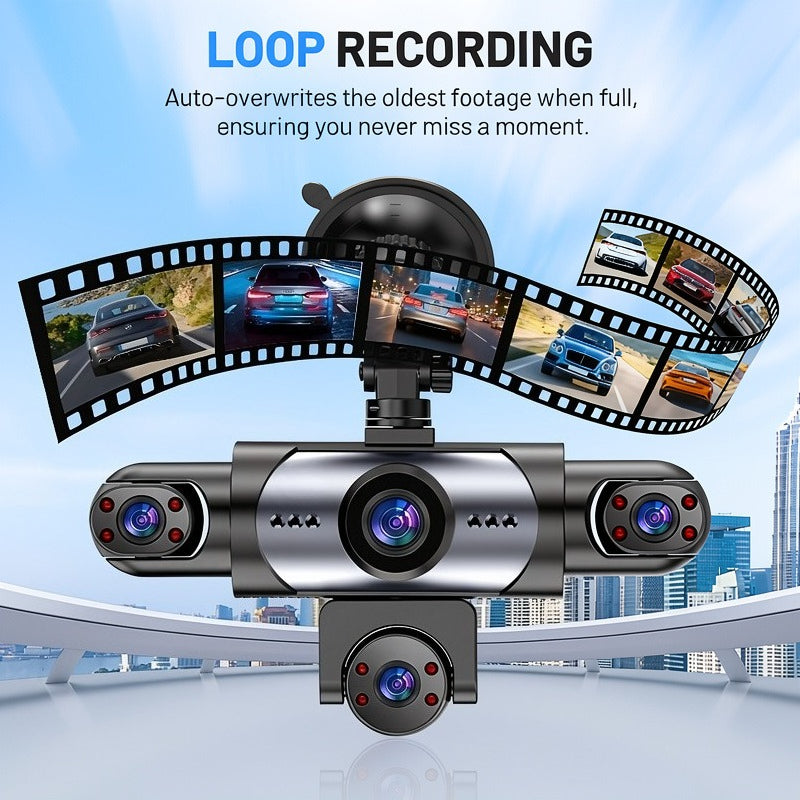 PODOFO 360° Dash Cam 5-Lens & 4-Lens 1080P, Front Rear Left Right Coverage, Loop Recording, Reverse Image, USB Powered — Optional 32G/64G Card