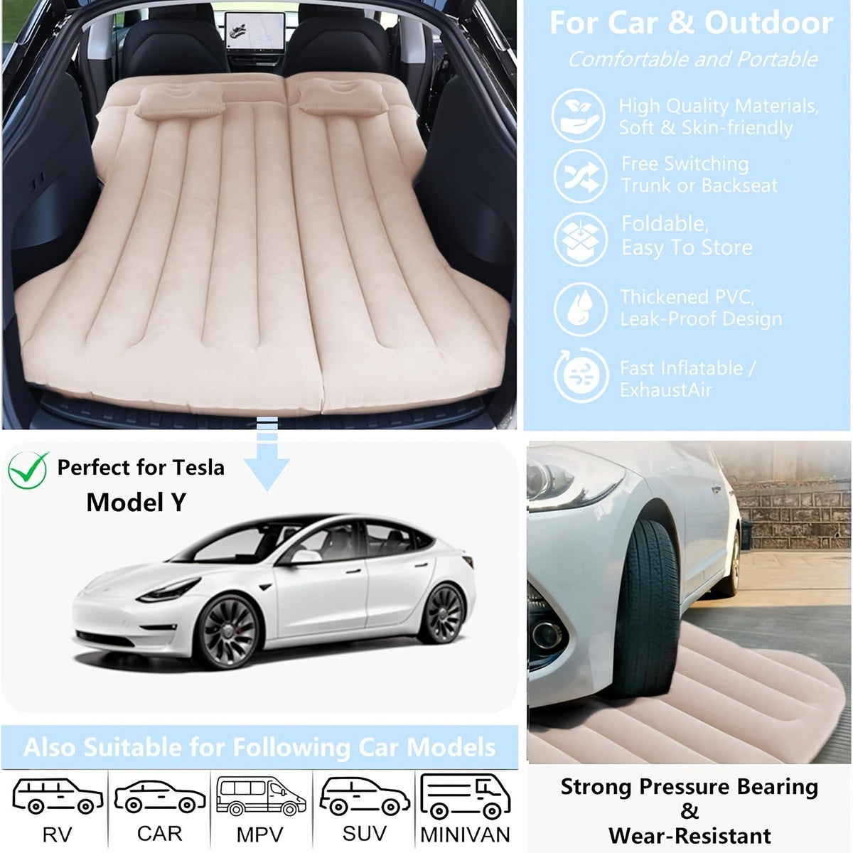 Car Inflatable Mattress for SUV, Tesla, Truck & RV Backseat – Portable Foldable Air Bed with Pump, 2 Pillows & Storage Bag for Camping & Travel