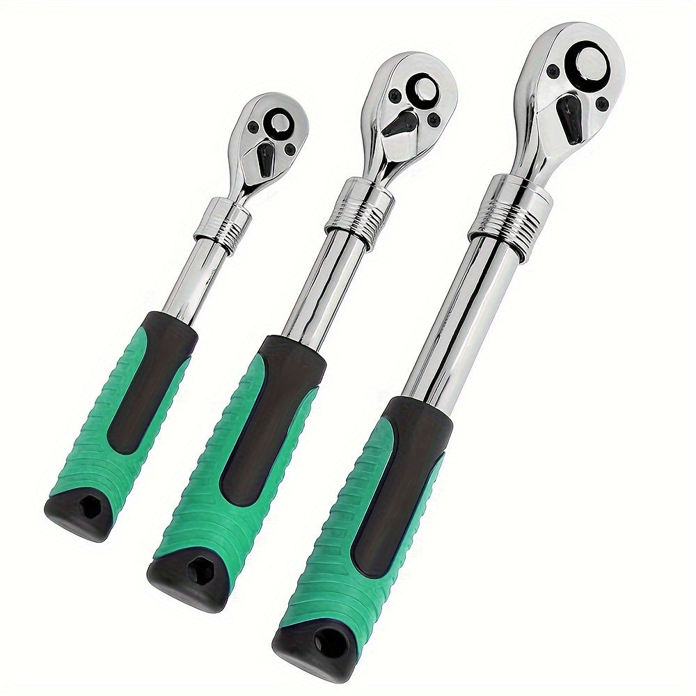 Extendable Ratchet Set 3-Piece 1/4 3/8 1/2 Inch Drive 72-Tooth Quick-Release with Soft Grip Handle – Reversible Gear Socket Wrench for Mechanics