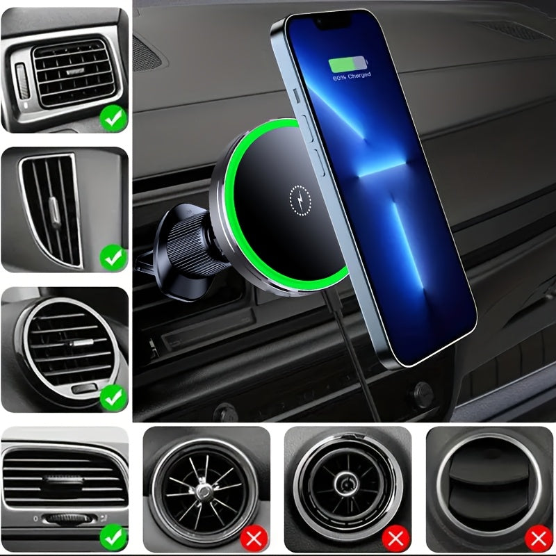 MagSafe Car Wireless Charger for iPhone 12-16, Magnetic Air Vent Mount, Qi1 Fast Charging, Dual Cooling Fans, Circular Design
