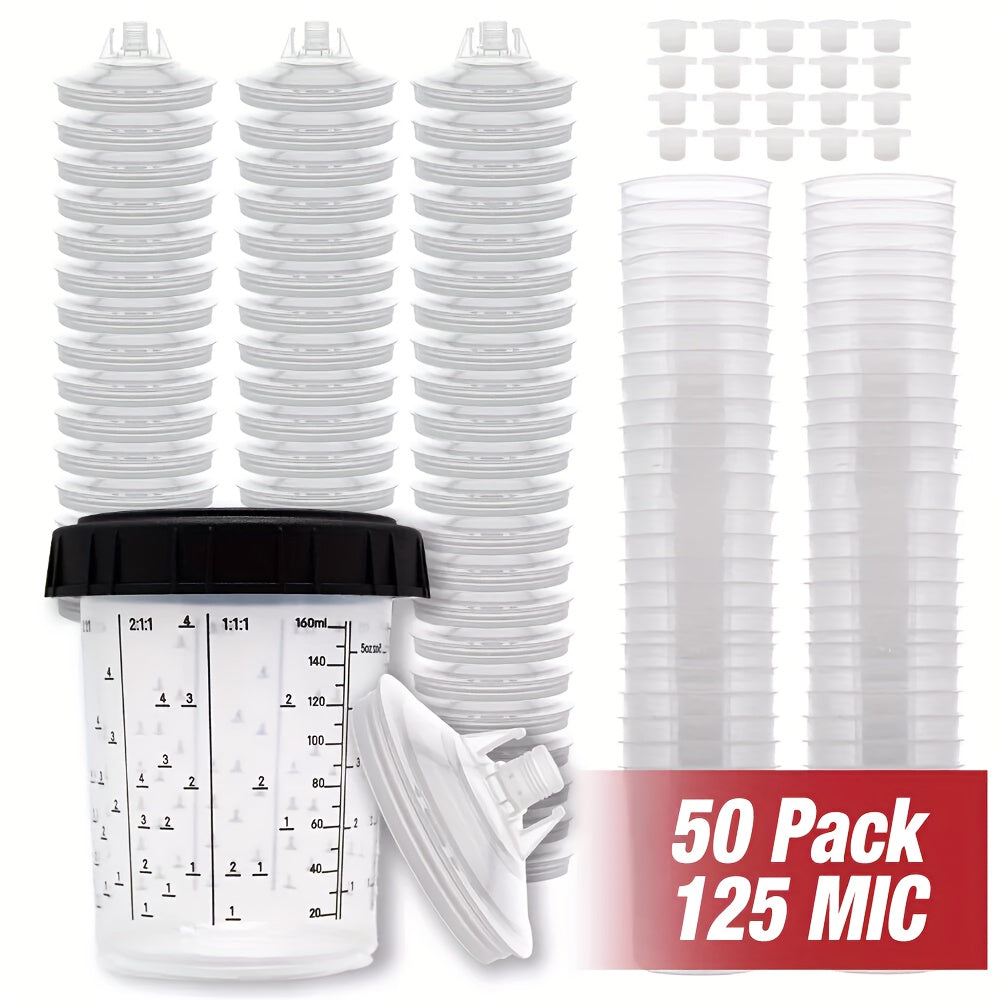 Disposable Paint Cup Liners 50-Pack – PPS 20oz Cups with Lids, 125-Micron Strainers, HVLP Spray Gun Adapters, Sealing Plugs & Stirrer | Automotive Body Shop