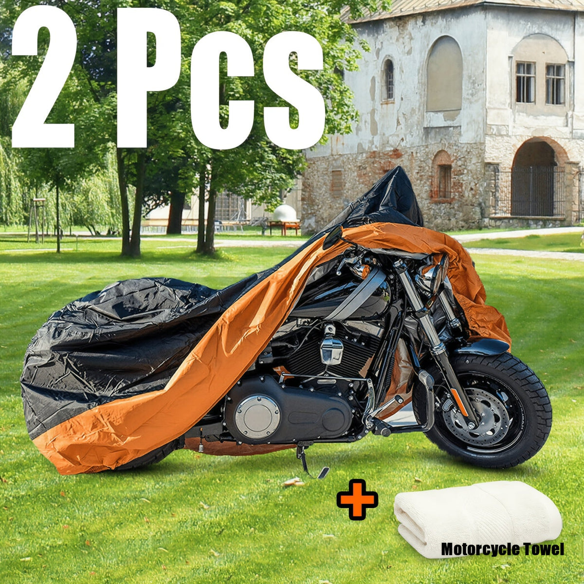 Motorcycle Cover 3XL Waterproof – 190T UV Protection, Tear-Resistant Fabric, Lock Holes, Outdoor Storage Cover with Towel | Black & Orange