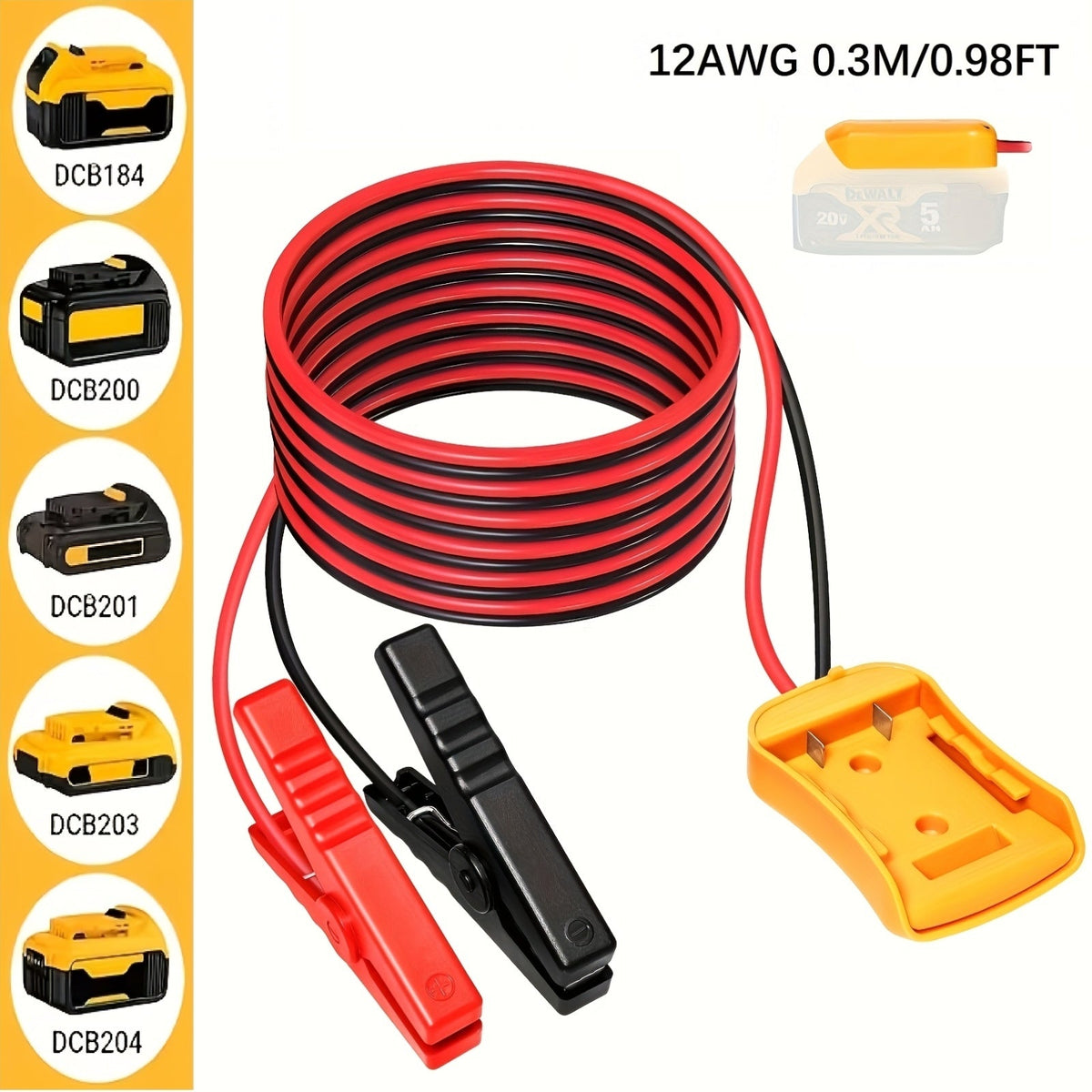 Car Jump Starter Cable Adapter for DeWalt 18V/20V DCB Battery – Portable 12V Battery Pack Connector, ABS, 0.98ft & 6.56ft Options, Battery Not Included