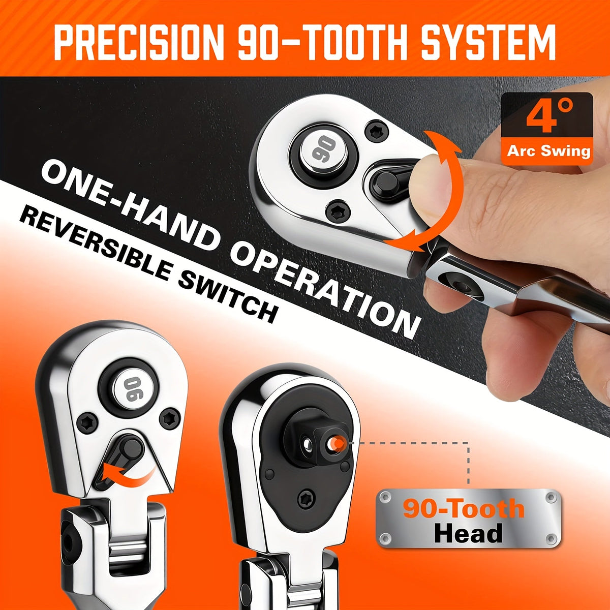 Flexible Ratchet Wrench Set 1/4" 3/8" 1/2" Drive, 72-Tooth Twist Head Ratchet with Extension Bar, 180° Adjustable Quick Release, EVA Foam Case, 3pcs/6pcs