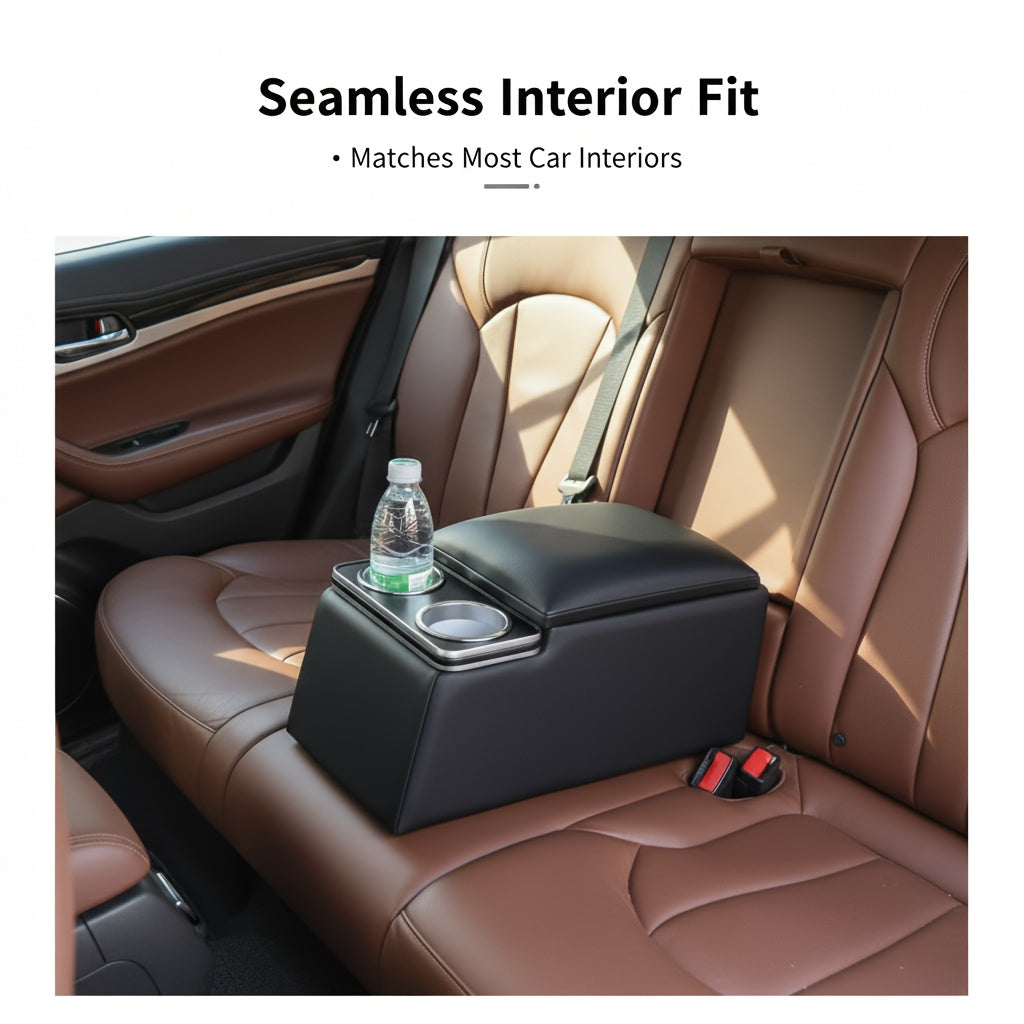 Universal Car Center Console Armrest Box - Rear Bench Seat Organizer with Cup Holder & Storage, Truck SUV Van, Black