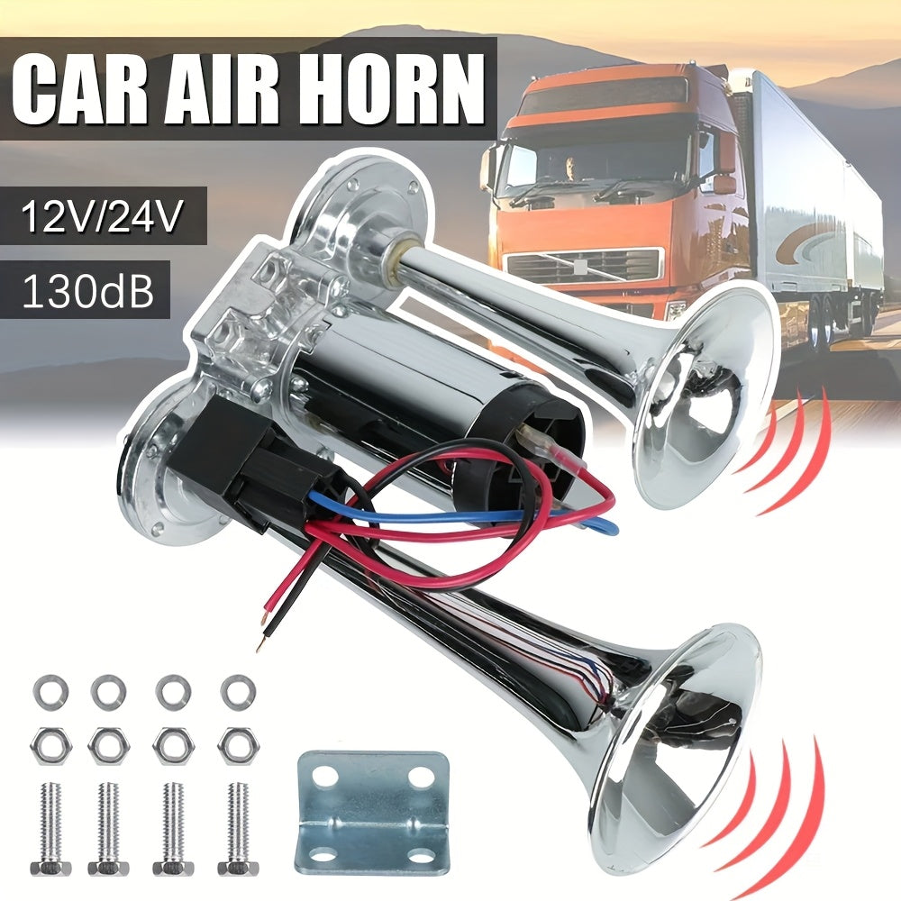 Air Horn for Truck 130dB Double Tube, 12V/24V Aluminum Alloy Compressor Horn, Super Loud for SUV Motorcycle Boat Bus Train Off-Road, Universal Bracket, Easy Install