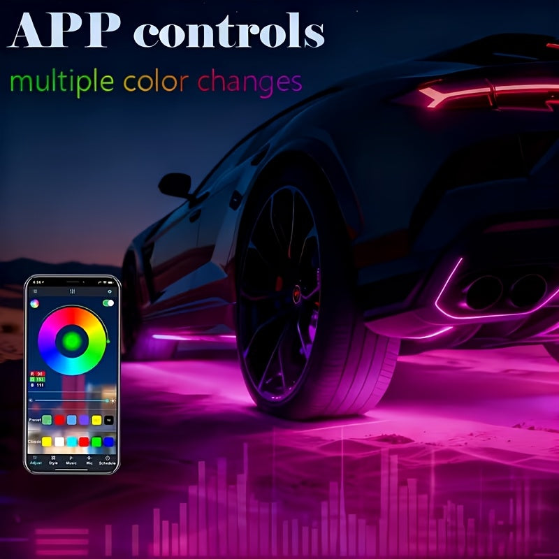RGB LED Underglow Chassis Light Strip 4pcs App Remote Dual Control 16 Million Colors DC 12V Neon Ambient Kit for Car Pickup Truck SUV