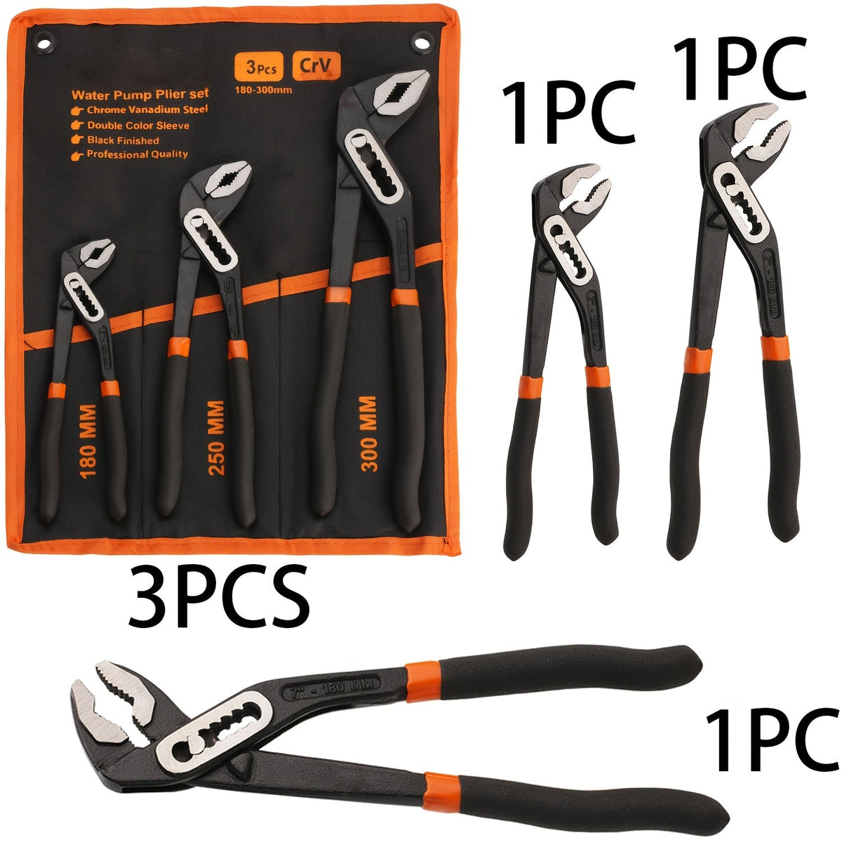 Adjustable Pump Pliers Chrome Vanadium Steel, Quick-Adjust Groove Joint Pliers with Roll-Up Pouch, 10 Inch / 12 Inch