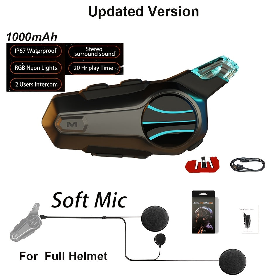 Motorcycle Helmet Bluetooth Intercom Headset – Wireless 2-Rider Communication, Compatible with Full-Face, 3/4 & Open-Face Helmets