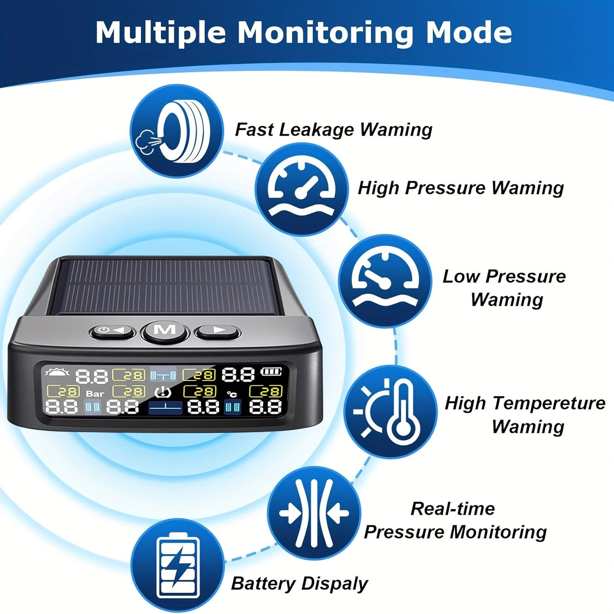 TPMS 6-Wheel Tire Pressure Monitoring System – Solar Charging, 6 Sensors, 6 Alarm Modes, Real-Time Display, Universal Fit for Truck SUV RV