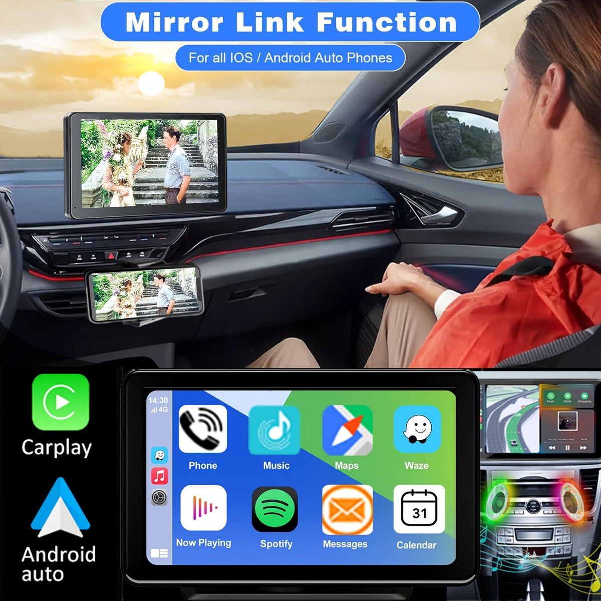Wireless CarPlay & Android Auto Car Screen – 7" & 10.62" HD Touchscreen, GPS Navigation, Backup Camera, FM/AUX/USB | Fits All Vehicles