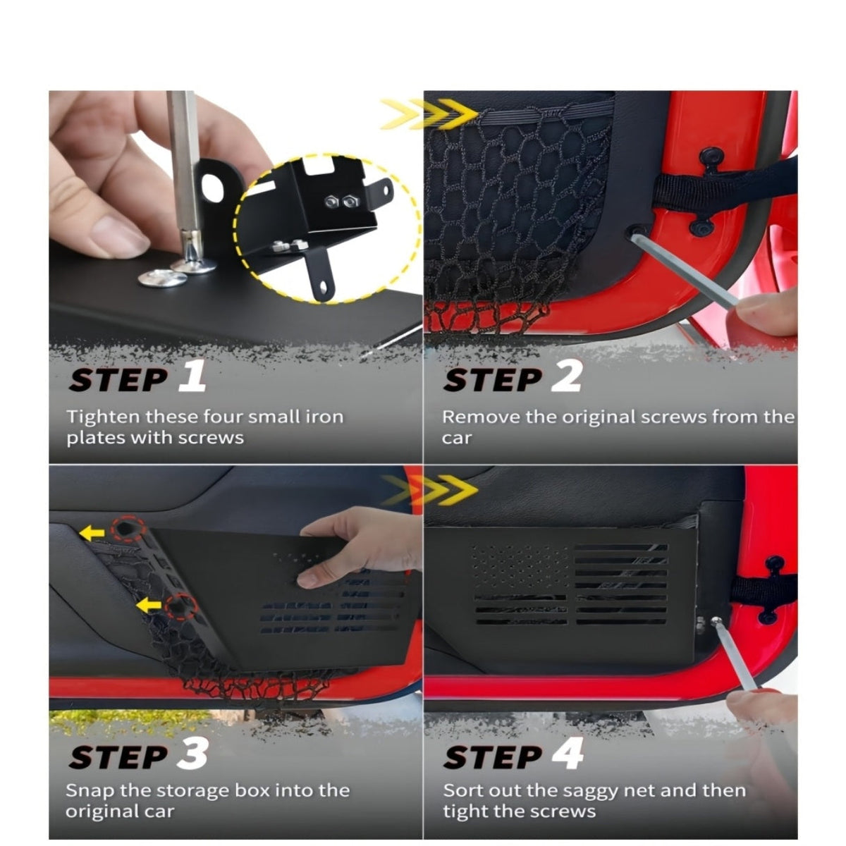 Jeep JK Front Door Storage Box Set of 2 Black Steel – Fits 2007-2018 Wrangler JK JKU 2-Door & 4-Door, Side Insert Organizer Replaces Sagging Net
