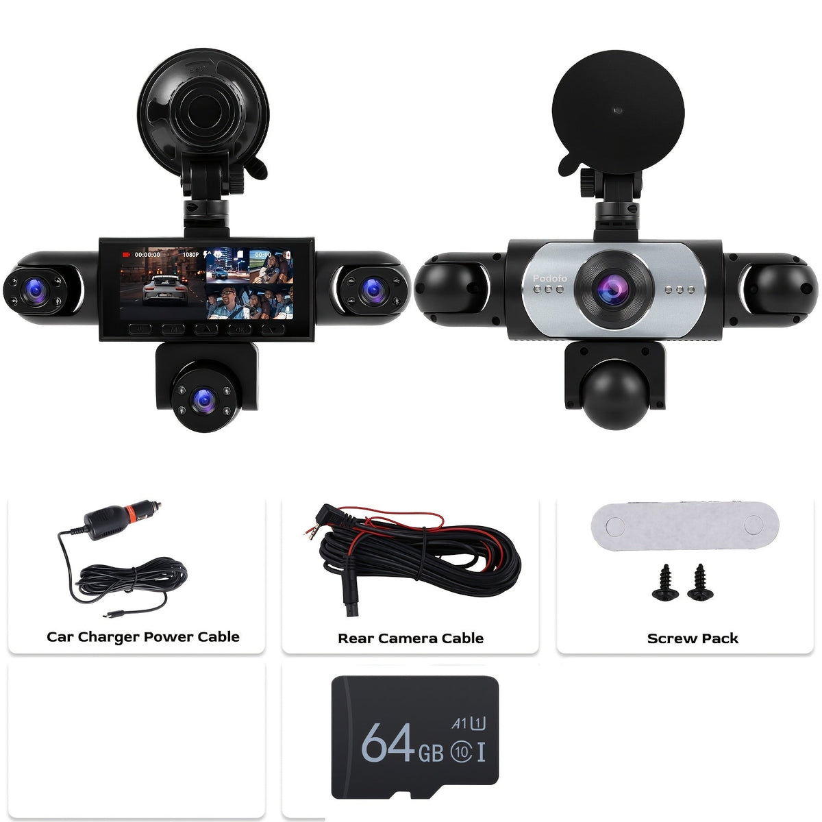 PODOFO 360° Dash Cam 5-Lens & 4-Lens 1080P, Front Rear Left Right Coverage, Loop Recording, Reverse Image, USB Powered — Optional 32G/64G Card