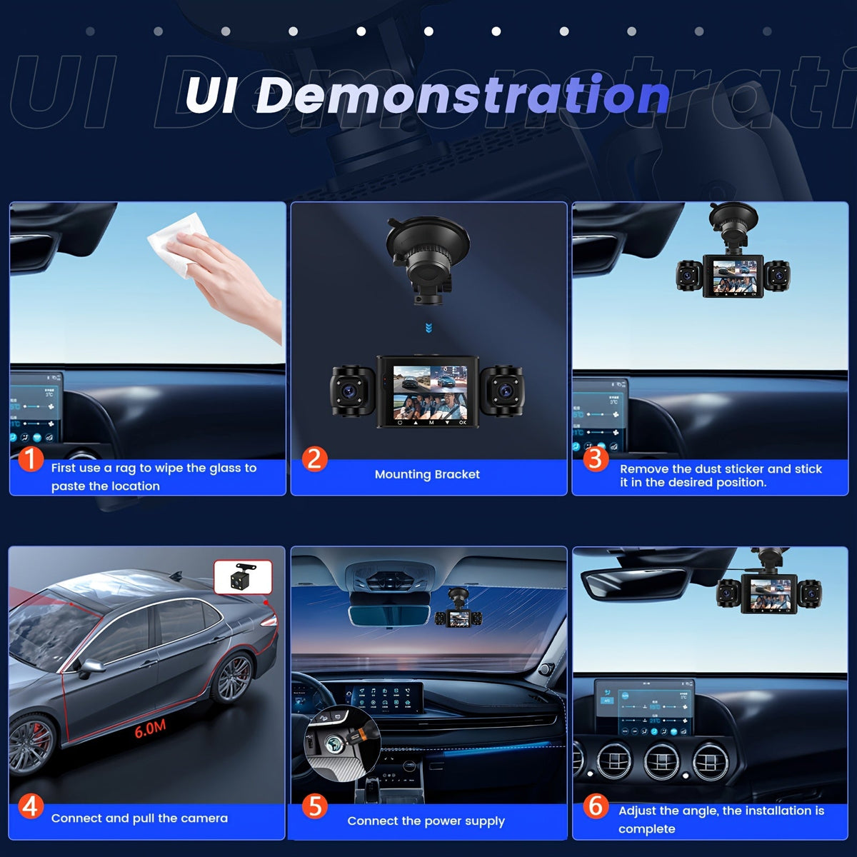 4-Channel Dash Cam 1080P Front + 480P Side Rear Camera, 2.4" Screen, Night Vision, Motion Detection, Wide Dynamic Range, Optional 64GB Card