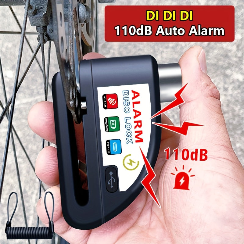 Motorcycle Disc Brake Lock 120dB Alarm Anti-Theft USB Rechargeable 500mAh with Reminder Cord for Motorcycle Bicycle Dirt Bike Scooter 4 Colors Red Black Yellow Blue
