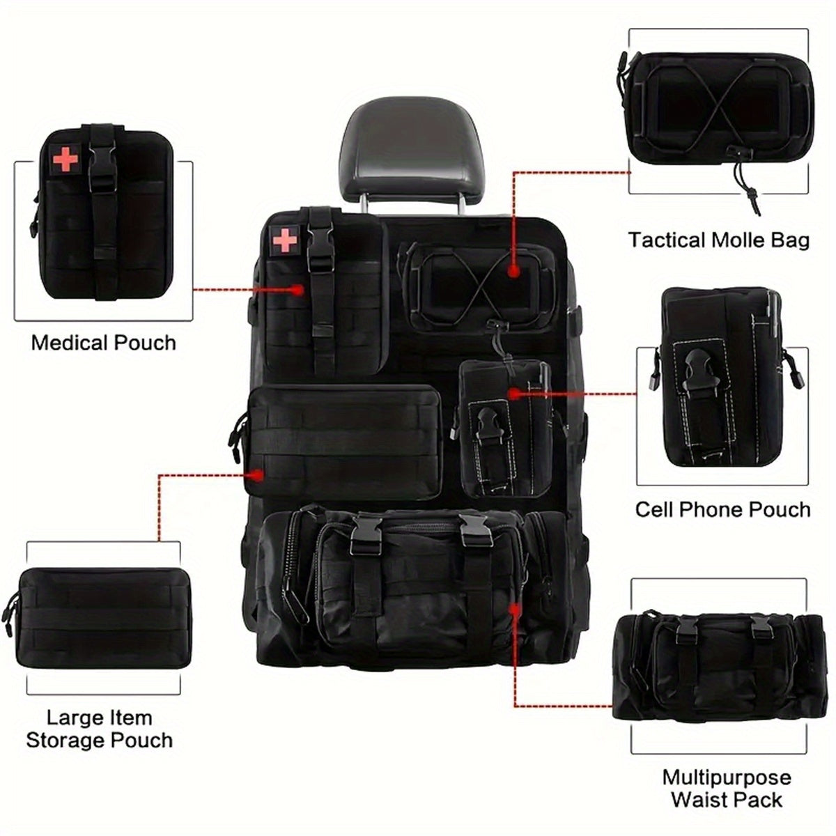 MOLLE Tactical Car Seat Organizer Pouch 6pcs Set Heavy Duty Nylon Adjustable Seat Back Storage for Jeep Truck SUV Gear First Aid Tools EDC Black