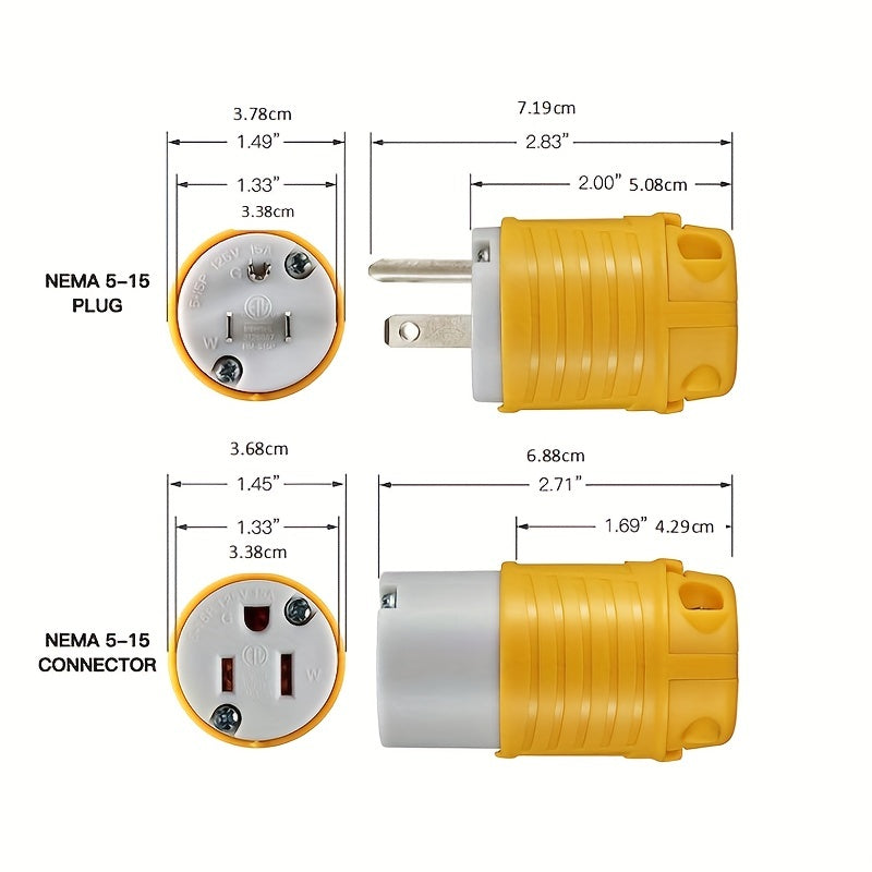 NEMA 5-15R RV Replacement Plug Set | Male & Female Connectors 15A 125V American Industrial Straight Connector for RV, Generator & Outdoor Use – Yellow, 1 or 3 Sets